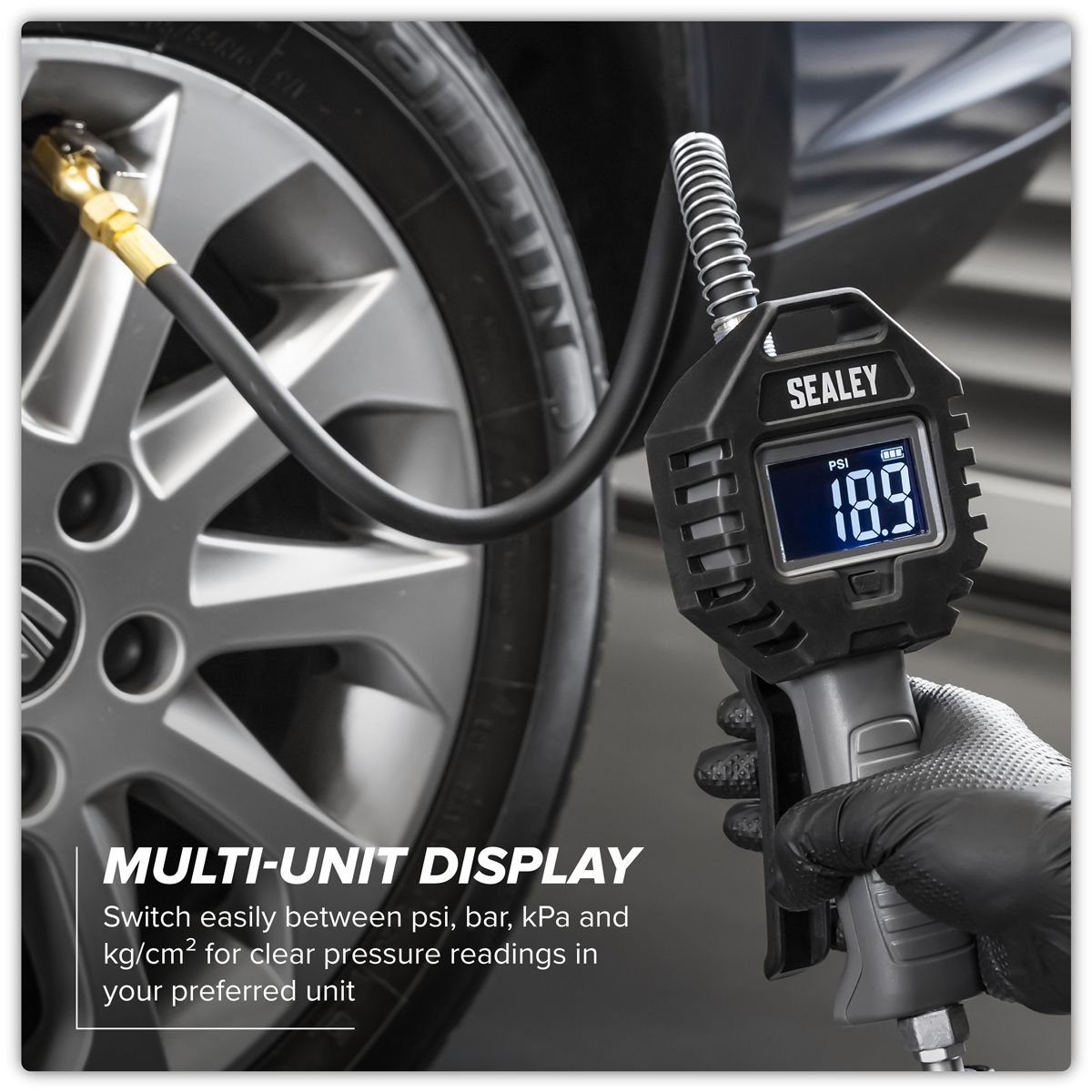 Sealey SA500 Rechargeable Digital Tyre Inflator with Clip-On Connector