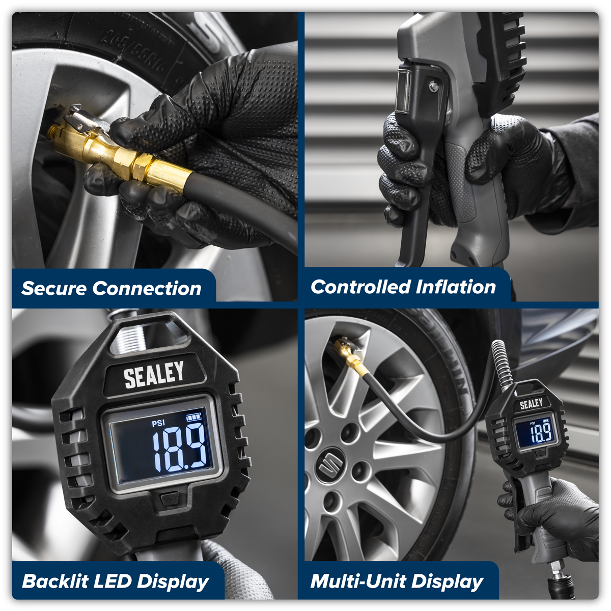 Sealey SA500 Rechargeable Digital Tyre Inflator with Clip-On Connector