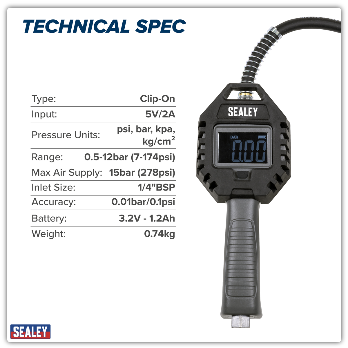 Sealey SA500 Rechargeable Digital Tyre Inflator with Clip-On Connector