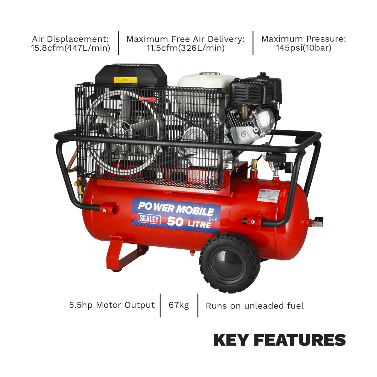Sealey SA5055 50L Belt Drive Air Compressor with Petrol Engine 5.5hp
