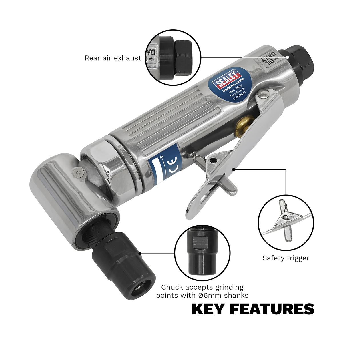 Sealey SA674 90° Angle Air Die Grinder