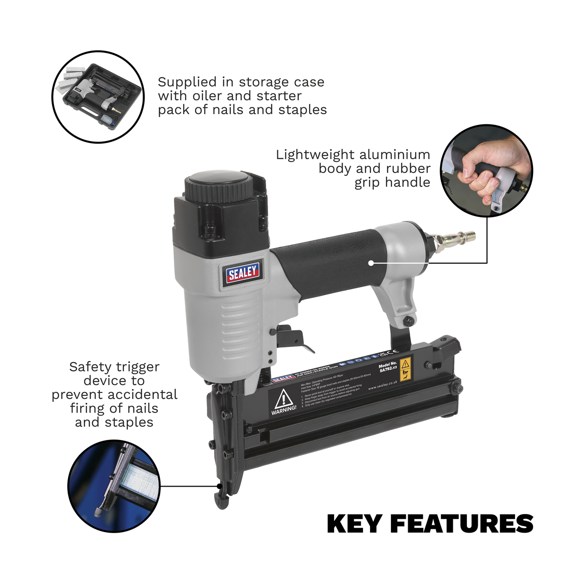Sealey SA792 Air Nail/Staple Gun 10-50mm/10-40mm Capacity