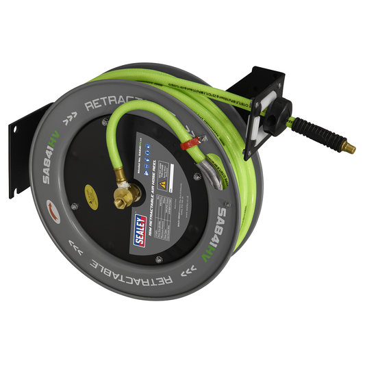 Sealey SA841HV 15m Retractable High-Visibility TPR Air Hose with Steel Reel 10mm ID