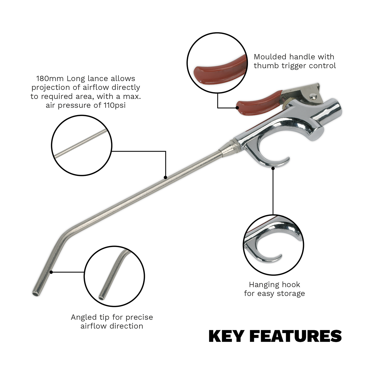 Sealey SA913M Palm Type Air Blow Gun 180mm with 1/4"BSP Air Inlet
