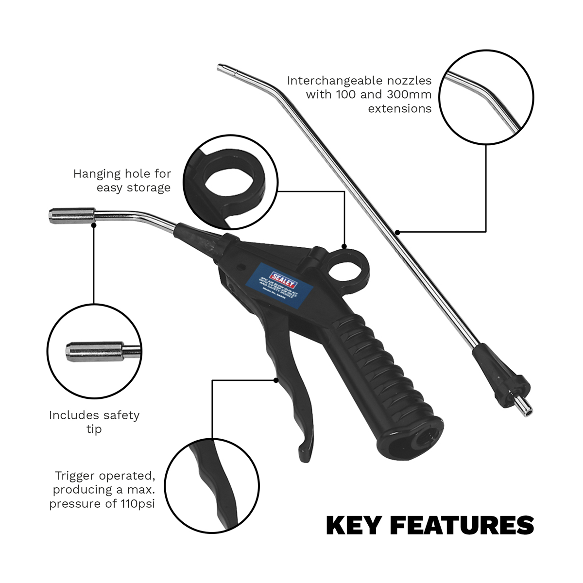 Sealey SA914 Air Blow Gun Kit with 1/4"BSP Air Inlet & Safety Nozzle 4pc