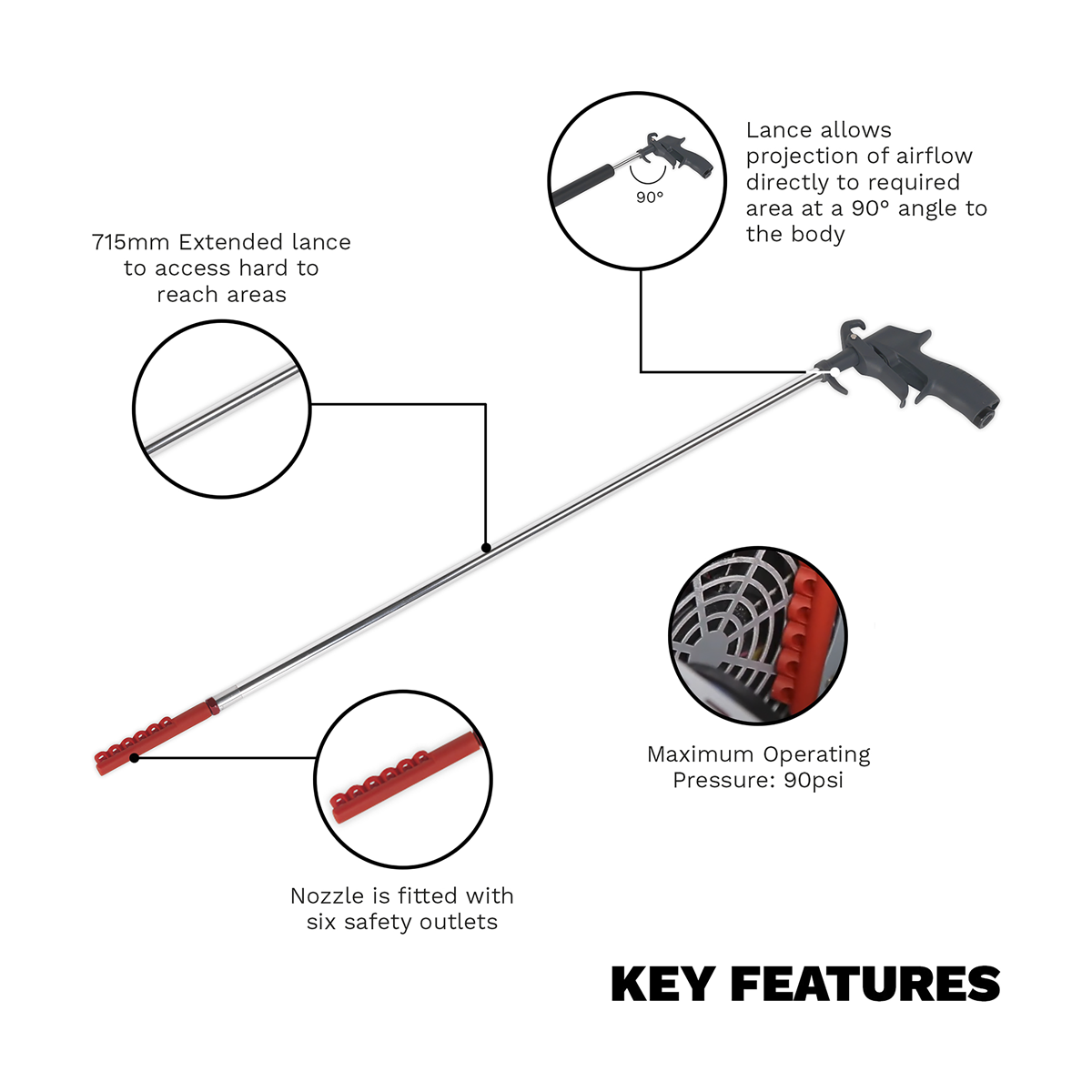 Sealey SA9247 Air Blow Gun 715mm with Side Outlet 1/4"BSP Air Inlet