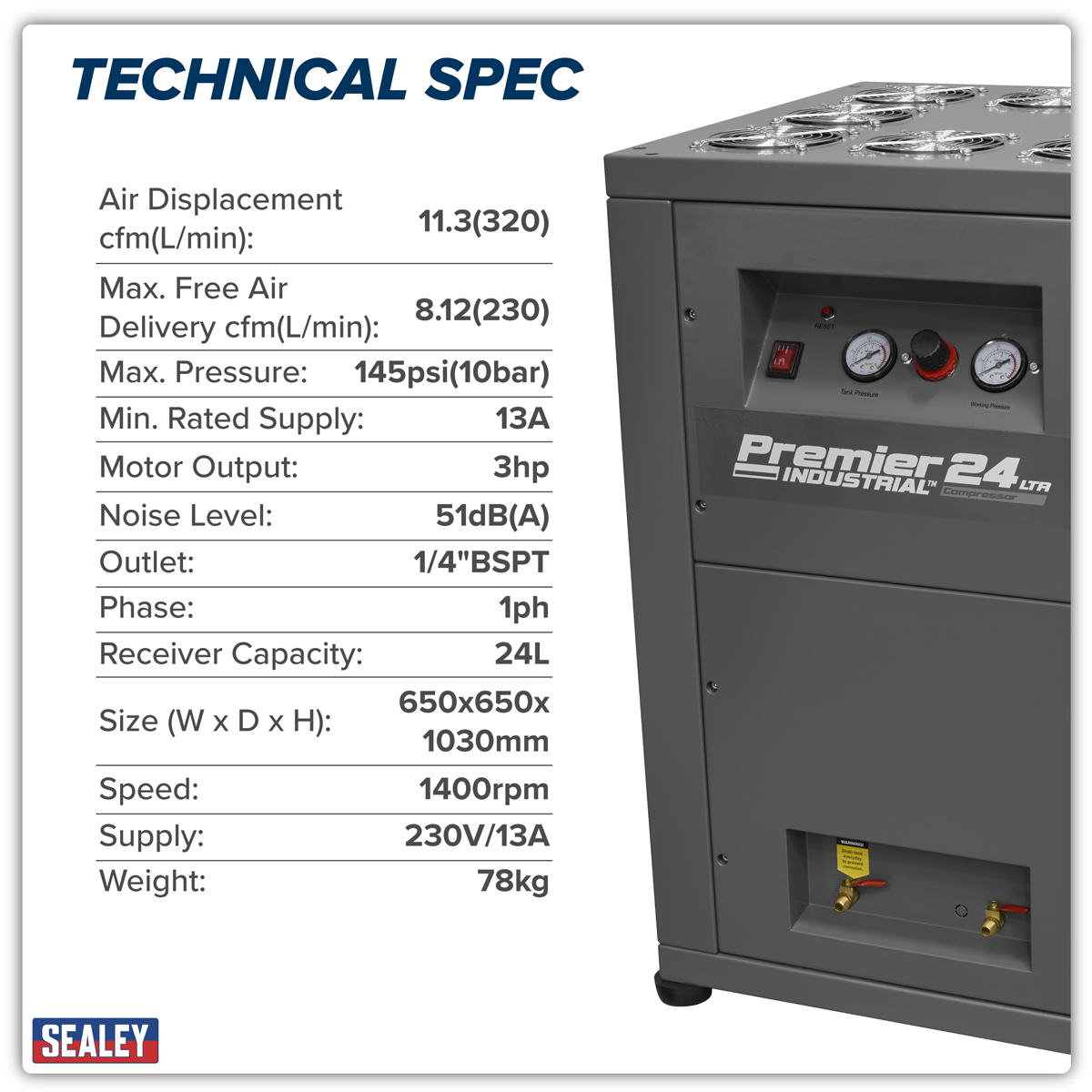 Premier Industrial SAC01VLN 24L Oil Free Low Noise Direct Drive Air Compressor 3hp