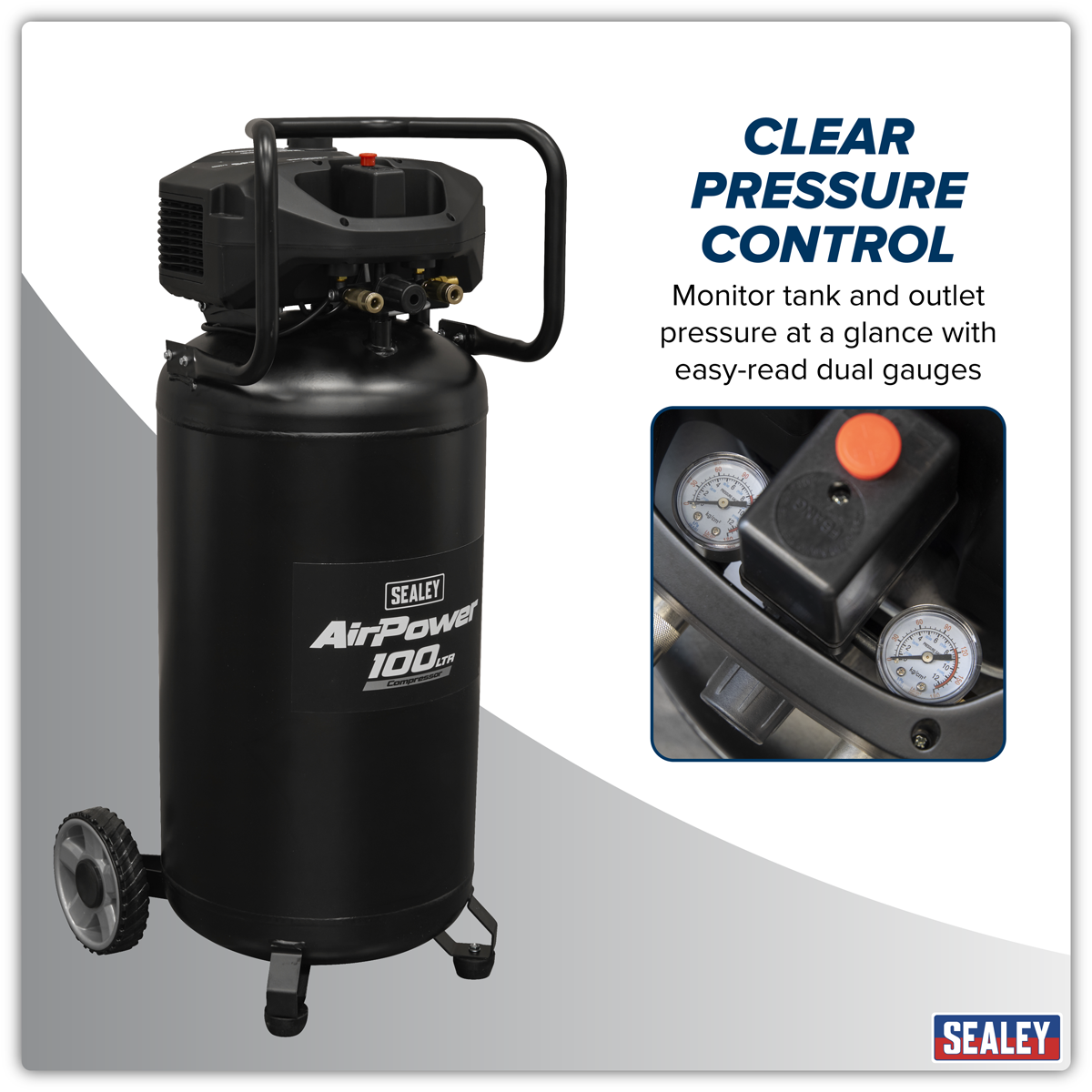 Sealey SAC100V 100L Oil Free Belt Drive Vertical Compressor 2.5hp