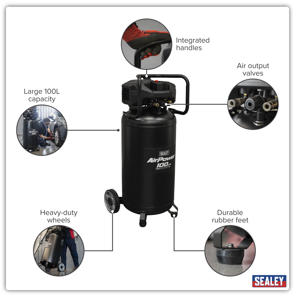 Sealey SAC100V 100L Oil Free Belt Drive Vertical Compressor 2.5hp
