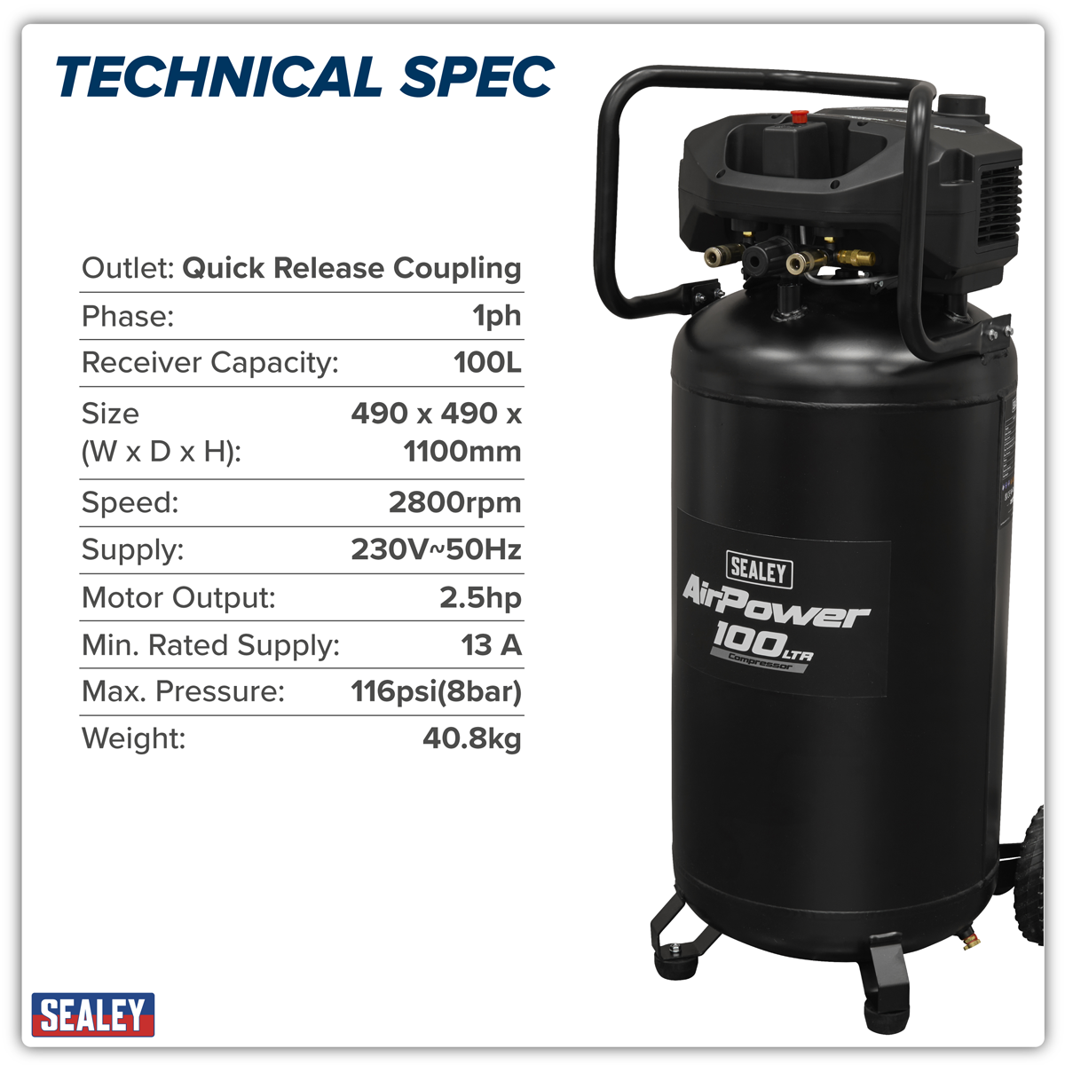 Sealey SAC100V 100L Oil Free Belt Drive Vertical Compressor 2.5hp