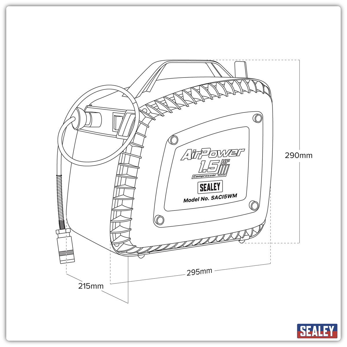 Sealey SAC15WM Wall Mounting Oil Free Air Compressor 1.5hp with 7m Retractable Hose Reel