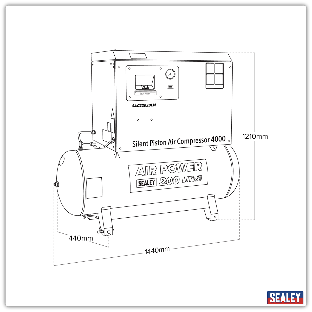 Sealey SAC2203BLN 200L Low Noise Belt Drive Air Compressor with Cast Cylinders 3hp