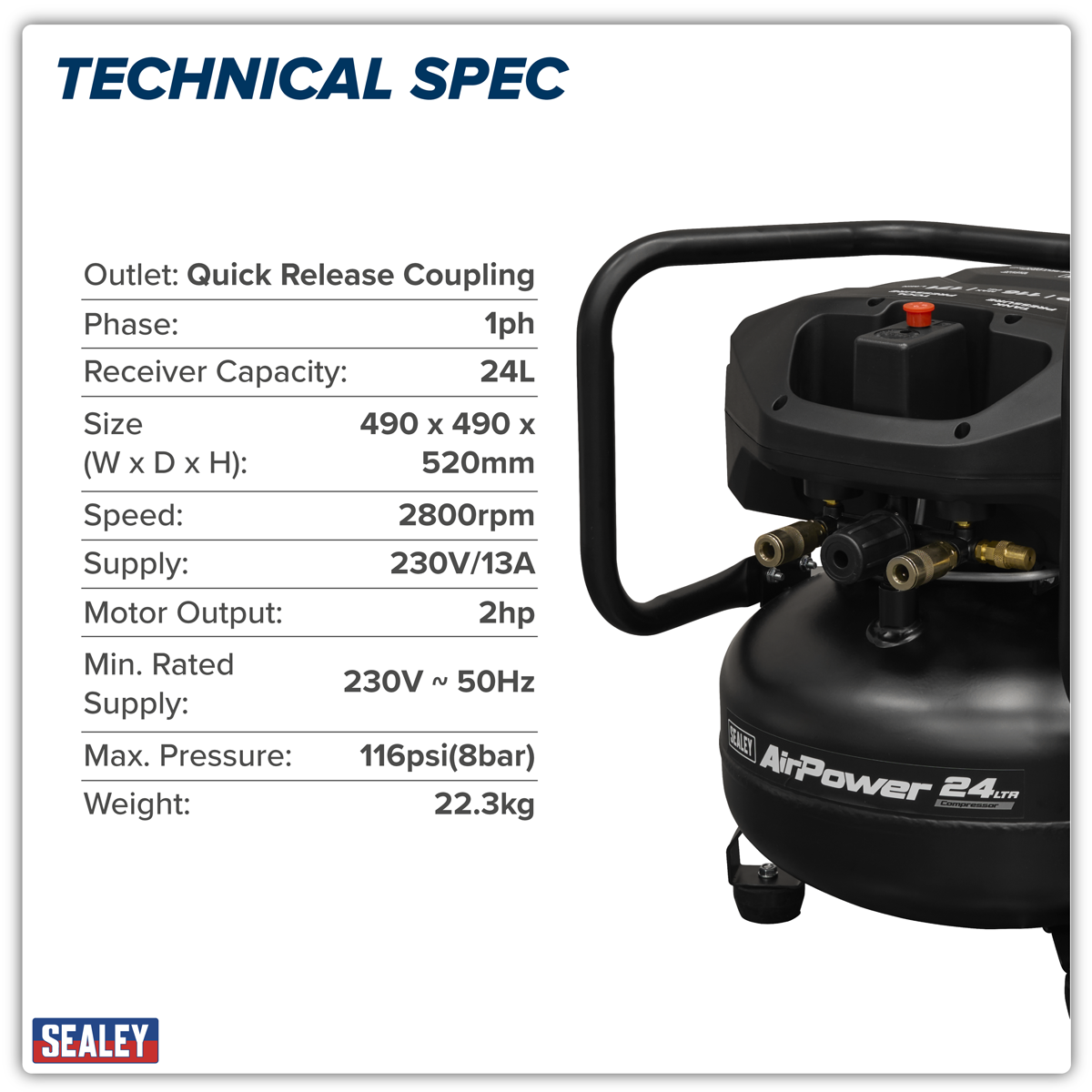 Sealey SAC24V 24L Oil Free Belt Drive Vertical Compressor 2hp