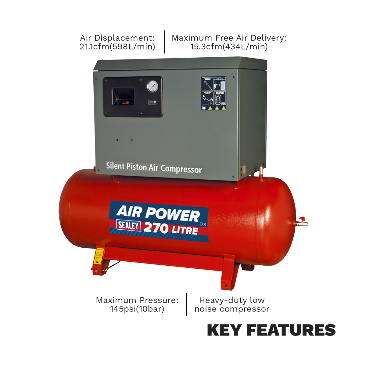 Sealey SAC42755BLN 270L Low Noise Belt Drive Air Compressor with Cast Cylinders 5.5hp 2-Stage