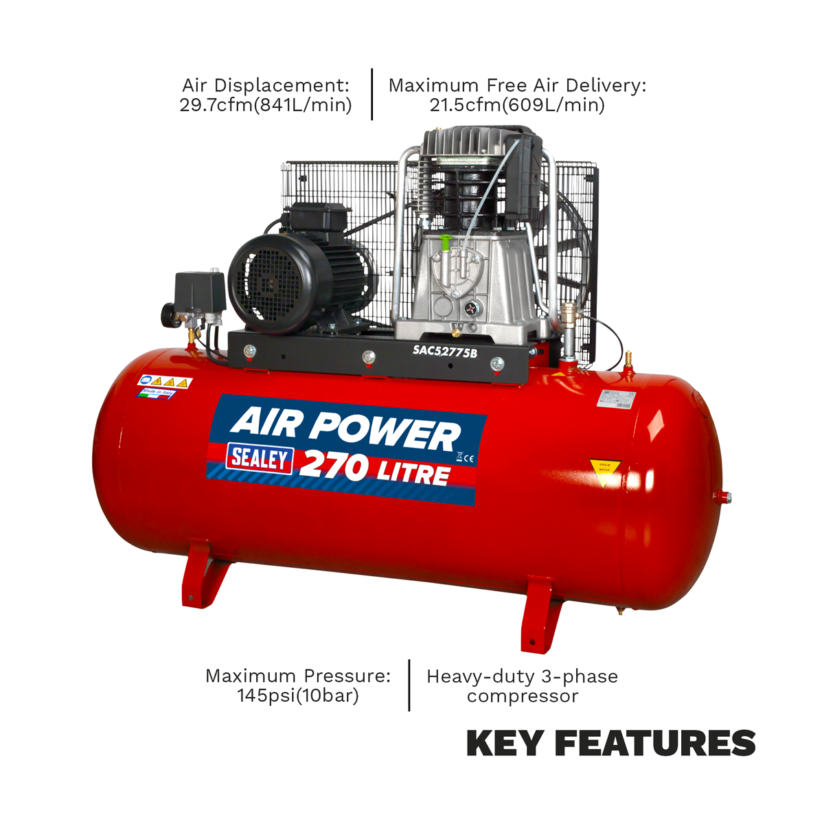 Sealey SAC52775B 270L Belt Drive Air Compressor with Cast Cylinders 7.5hp 2-Stage