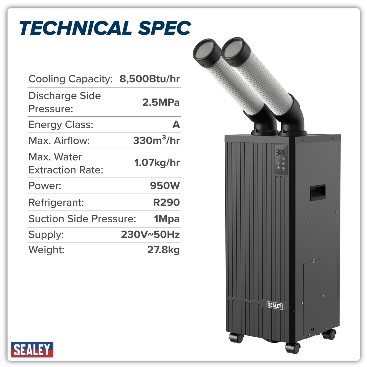 Sealey SAC8500 Industrial Spot Cooler Air Conditioner/Dehumidifier/Air Cooler 8,500Btu/hr (2.5kW)