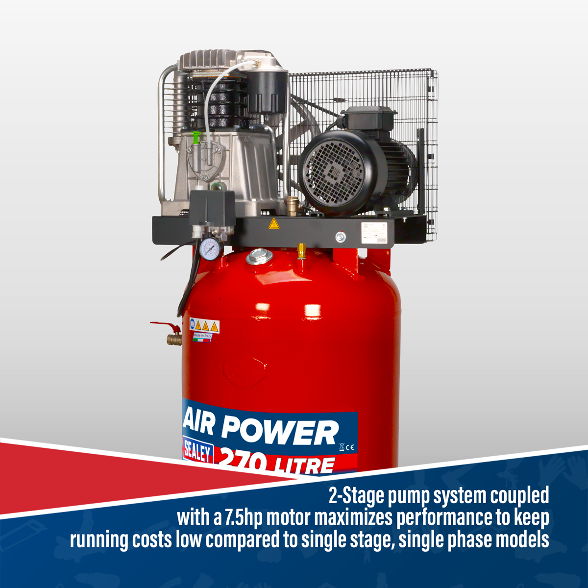 Sealey SACV52775B 270L Vertical Belt Drive Air Compressor with Cast Cylinders 7.5hp 2-Stage