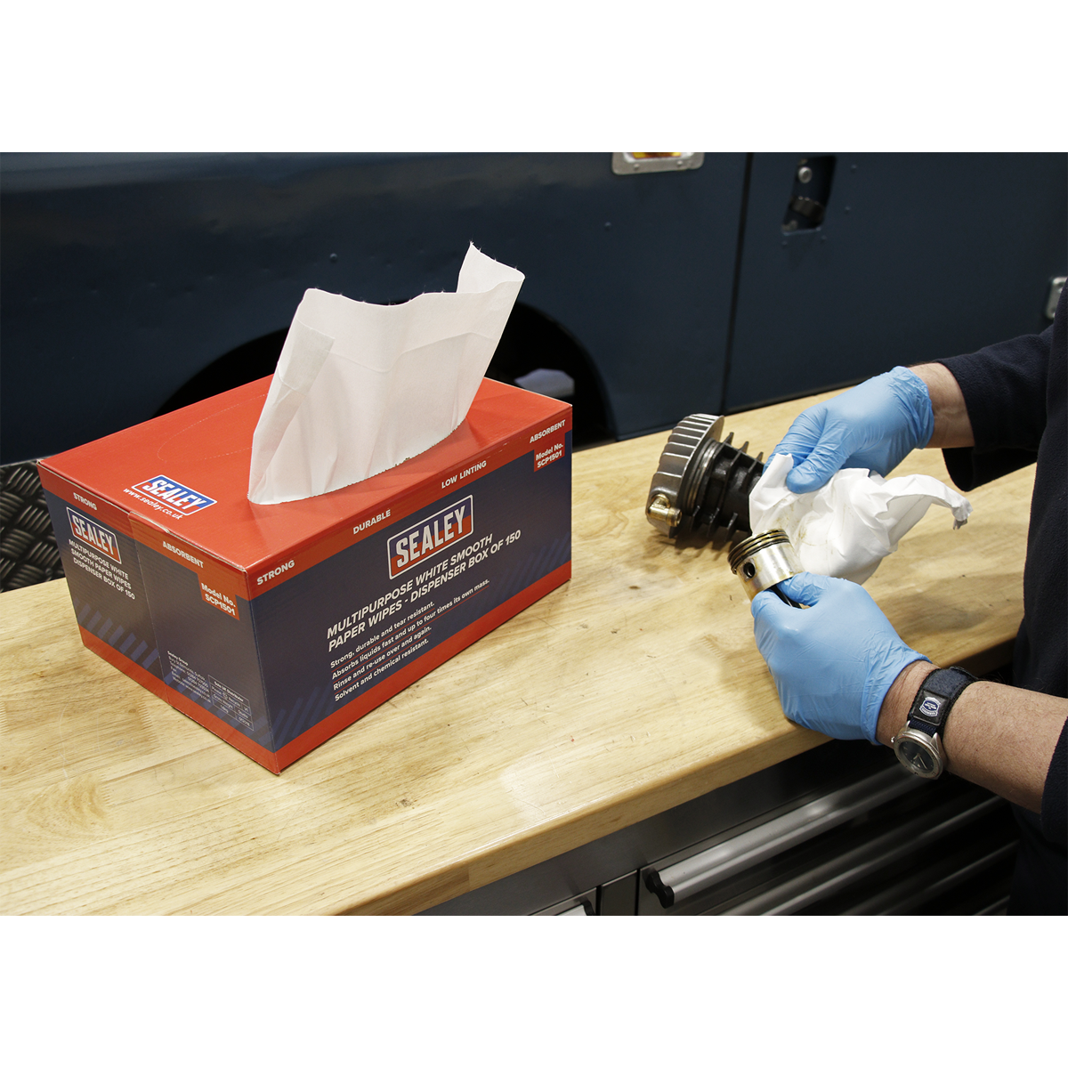 Sealey SCP1501 Multipurpose Smooth White Paper Wipes 73gsm - Dispenser Box of 150 Sheets