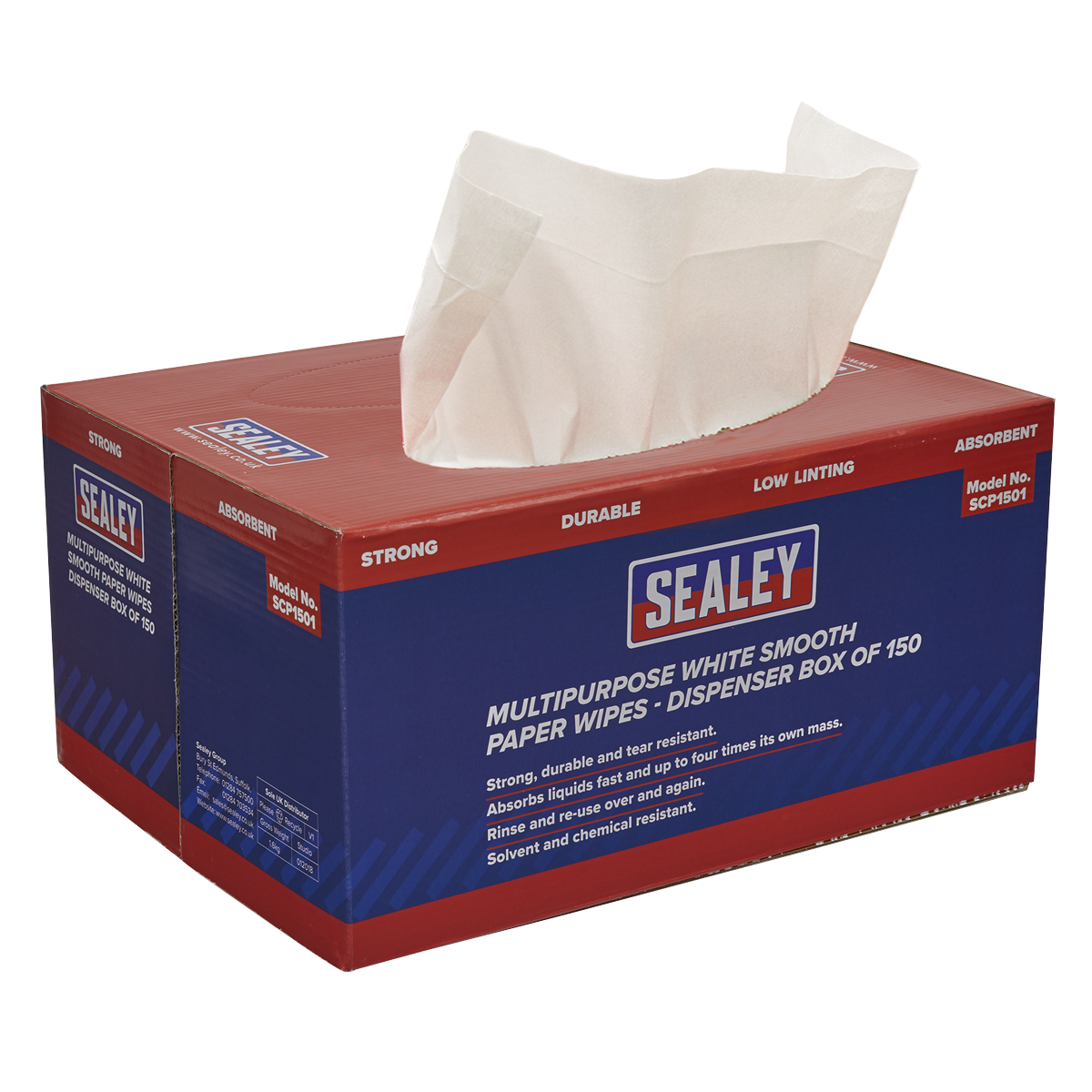 Sealey SCP1501 Multipurpose Smooth White Paper Wipes 73gsm - Dispenser Box of 150 Sheets