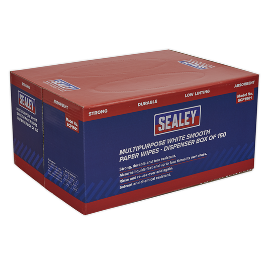 Sealey SCP1501 Multipurpose Smooth White Paper Wipes 73gsm - Dispenser Box of 150 Sheets