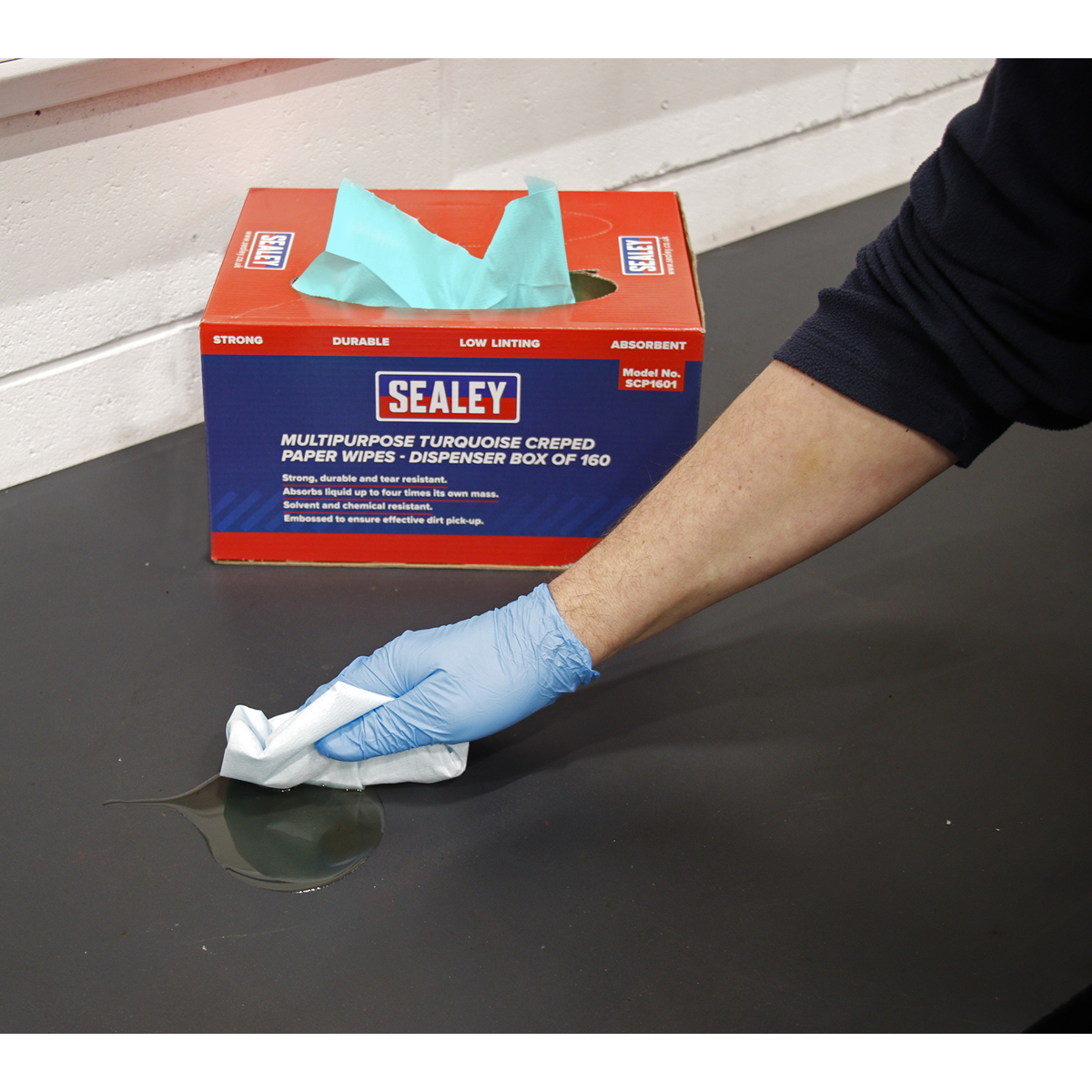 Sealey SCP1601 Multipurpose Creped Turquoise Paper Wipes 69gsm - Dispenser Box of 160 Sheets