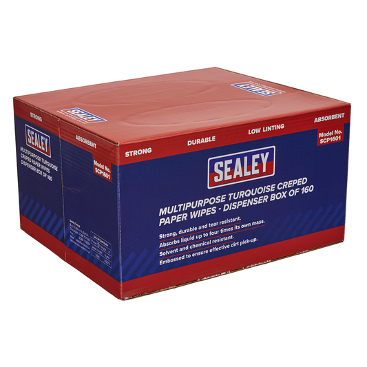 Sealey SCP1601 Multipurpose Creped Turquoise Paper Wipes 69gsm - Dispenser Box of 160 Sheets