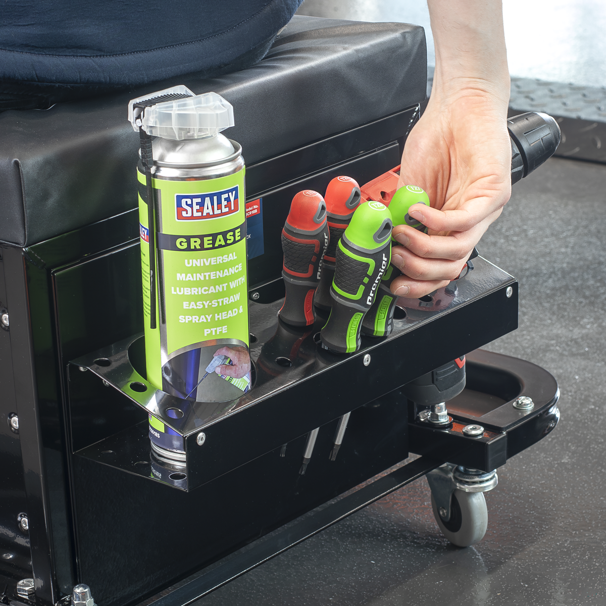 Sealey SCR18B Mechanic's Utility Seat & Toolbox - Black