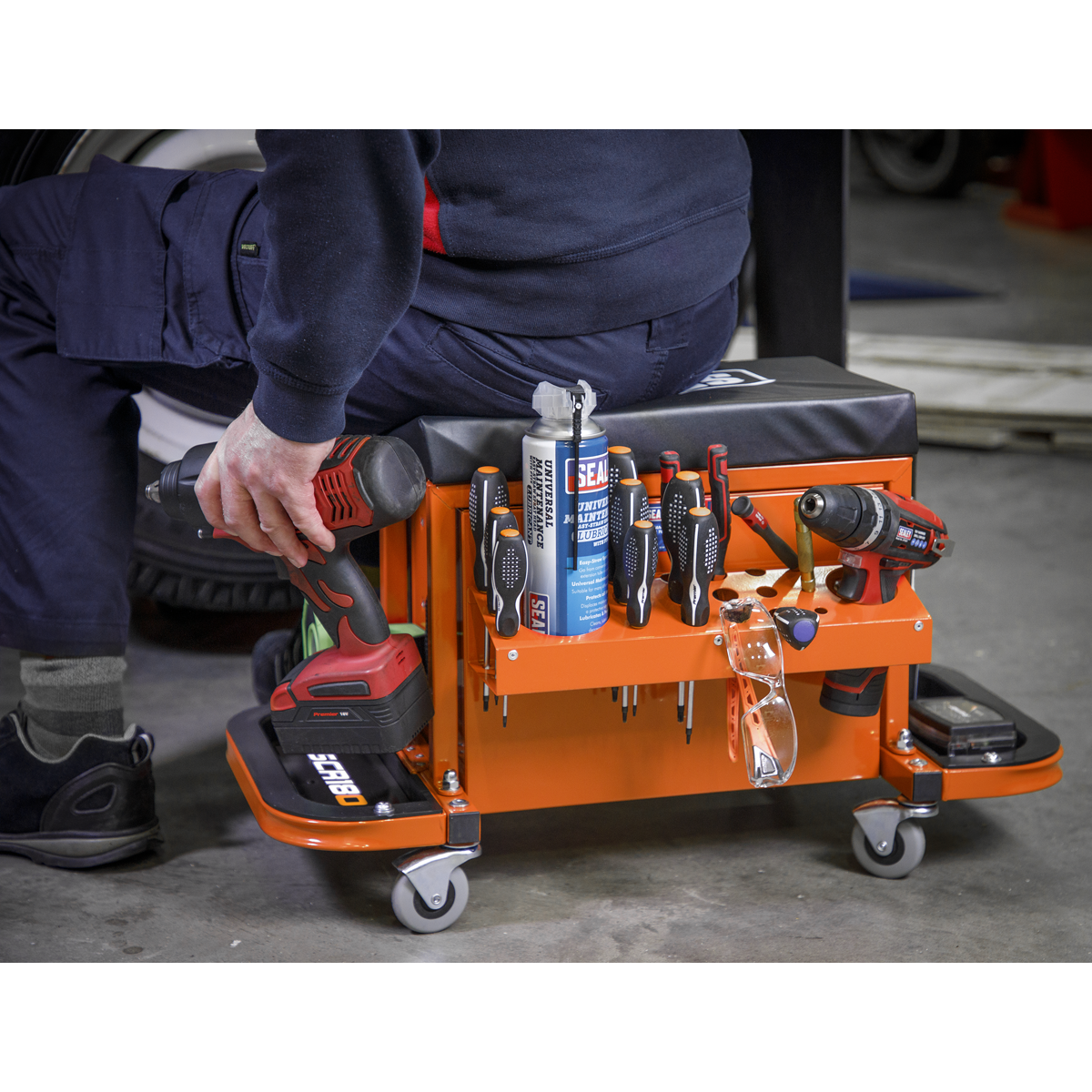 Sealey SCR18O Mechanic's Utility Seat & Toolbox - Orange