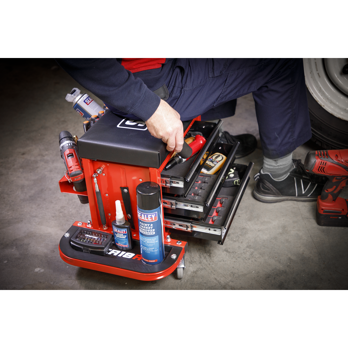 Sealey SCR18R Mechanic's Utility Seat & Toolbox - Red