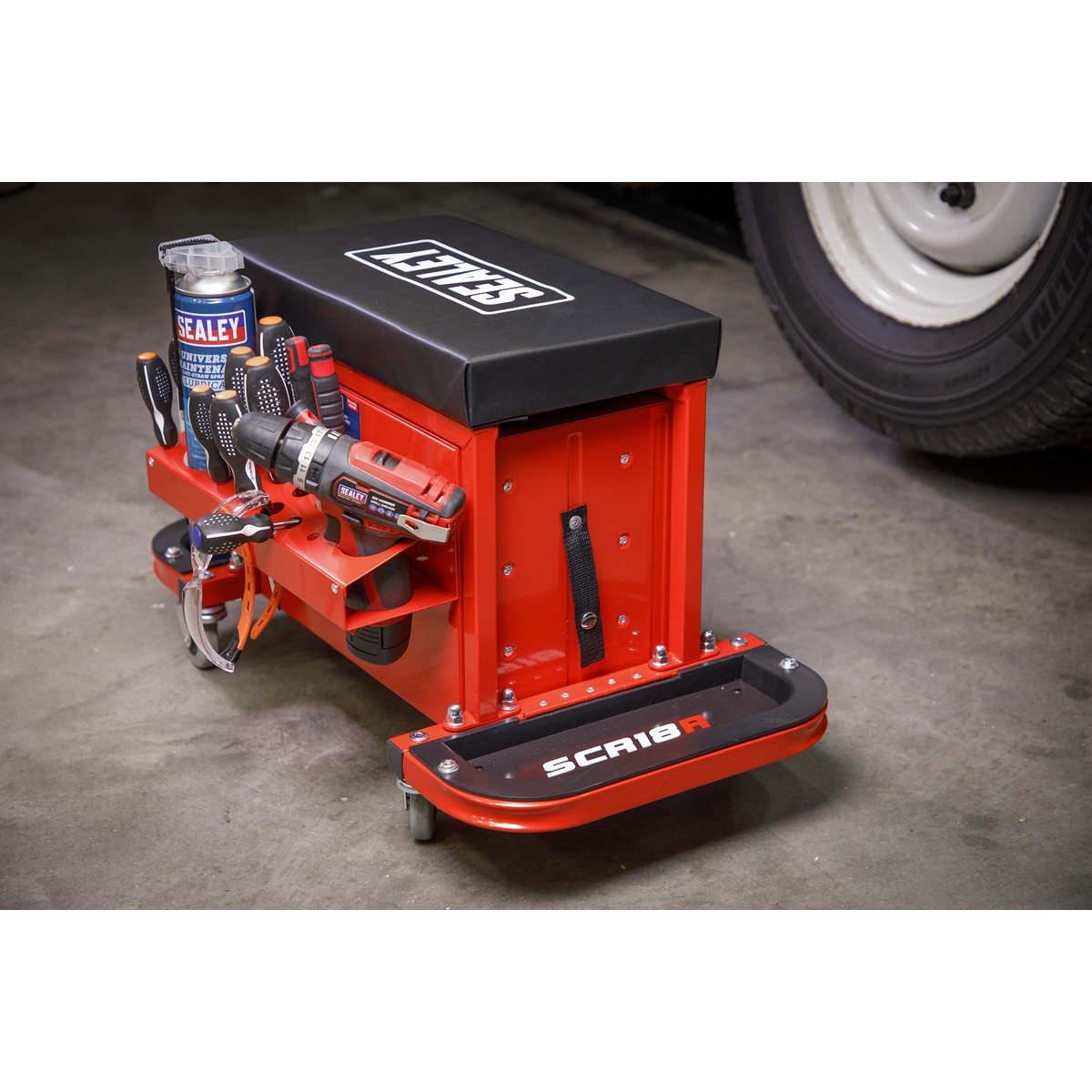 Sealey SCR18R Mechanic's Utility Seat & Toolbox - Red