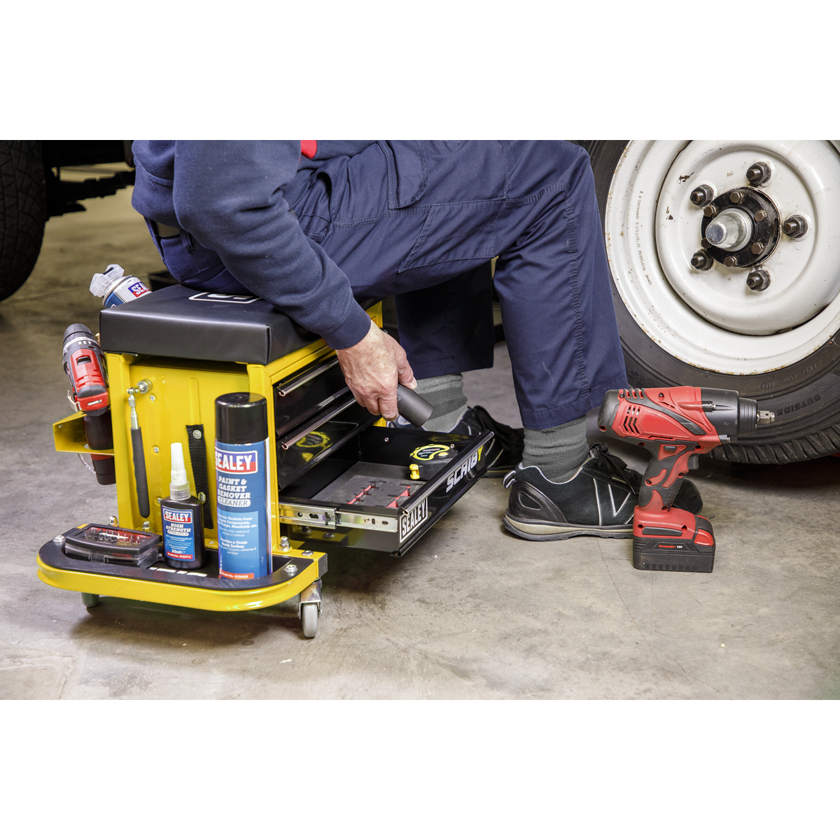Sealey SCR18Y Mechanic's Utility Seat & Toolbox - Yellow
