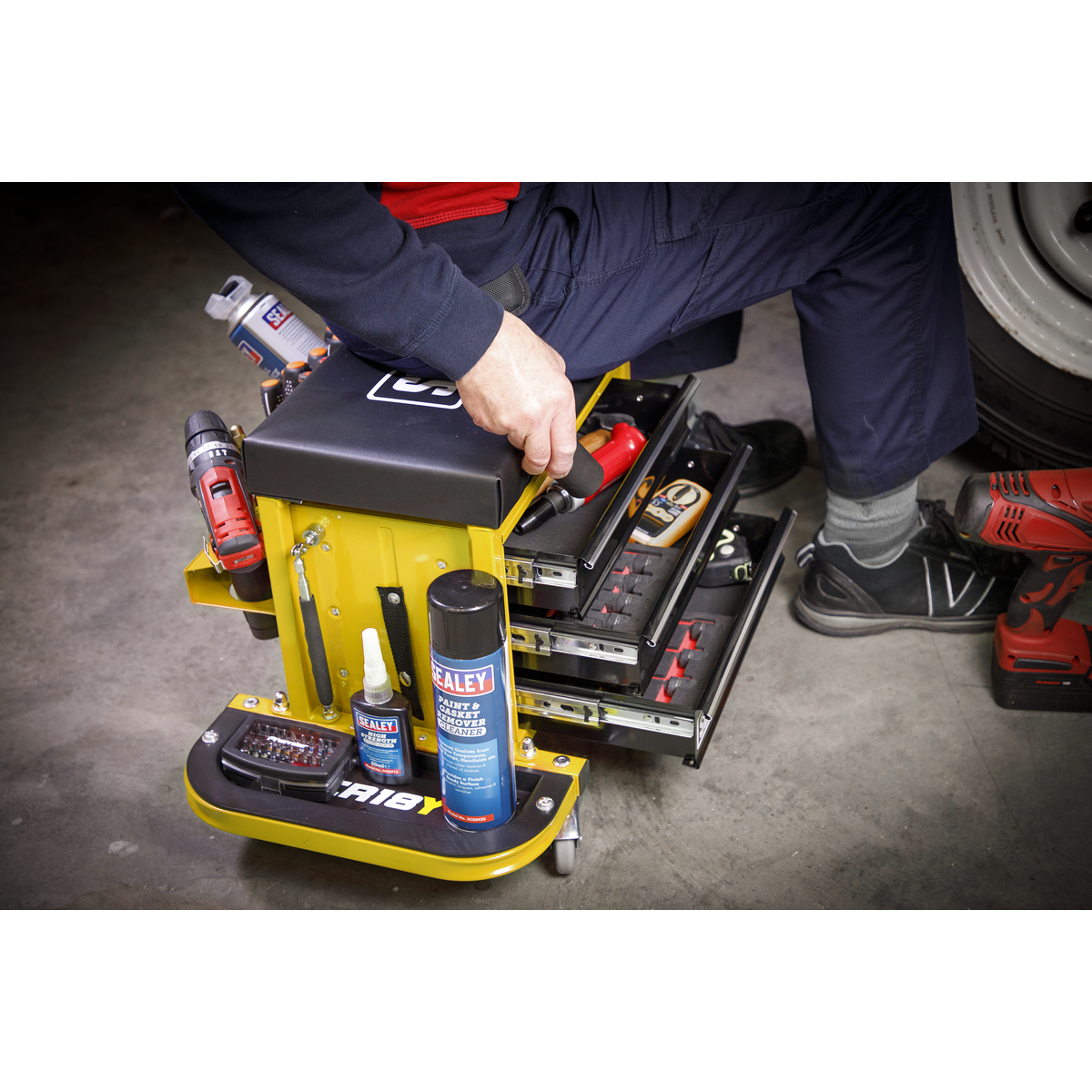 Sealey SCR18Y Mechanic's Utility Seat & Toolbox - Yellow