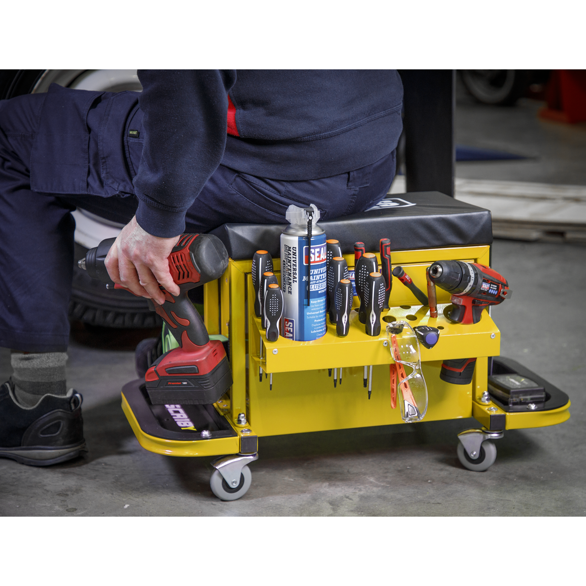 Sealey SCR18Y Mechanic's Utility Seat & Toolbox - Yellow