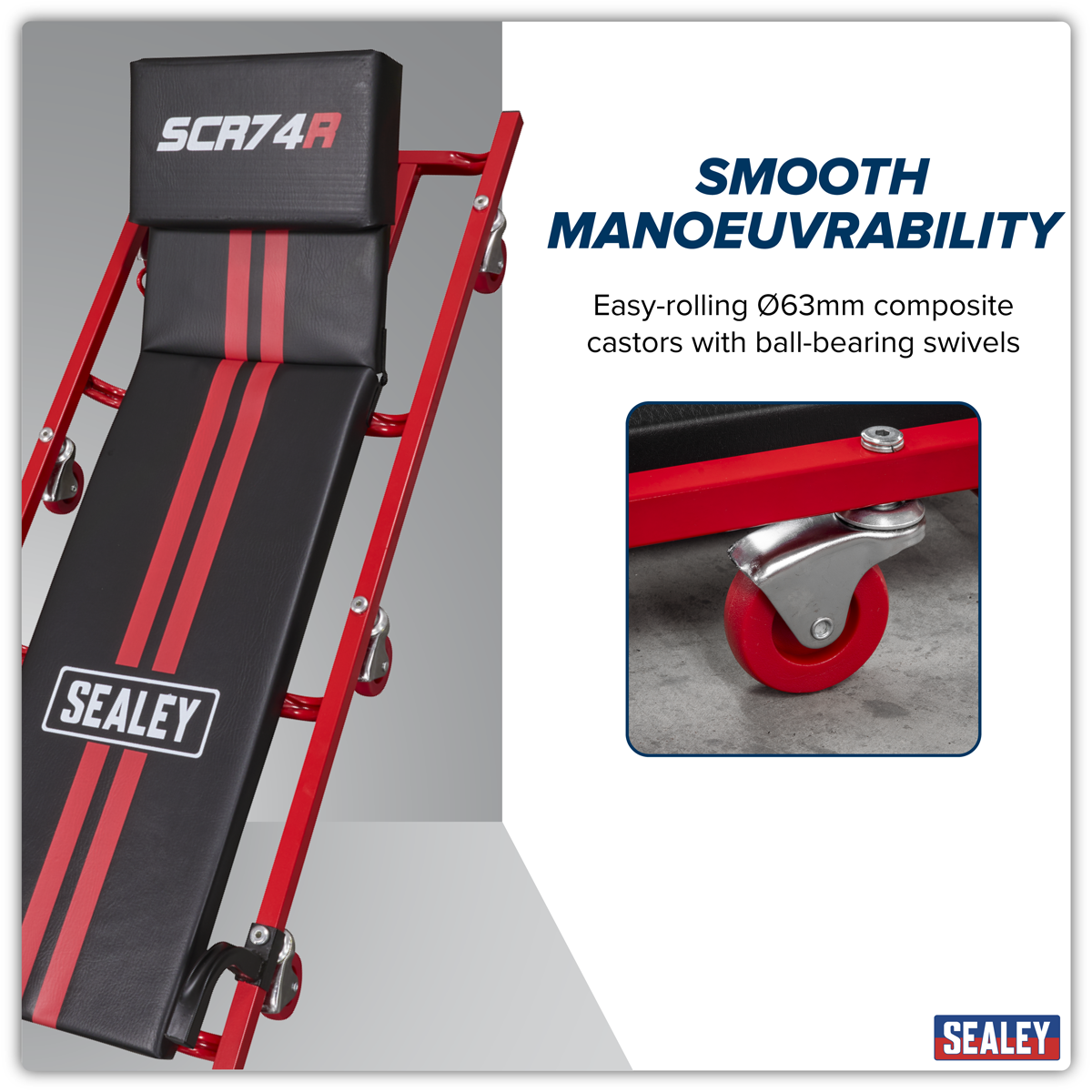 Sealey SCR74 American-Style Deluxe Creeper with Steel Frame, 6 Wheels & Adjustable Headrest 40"