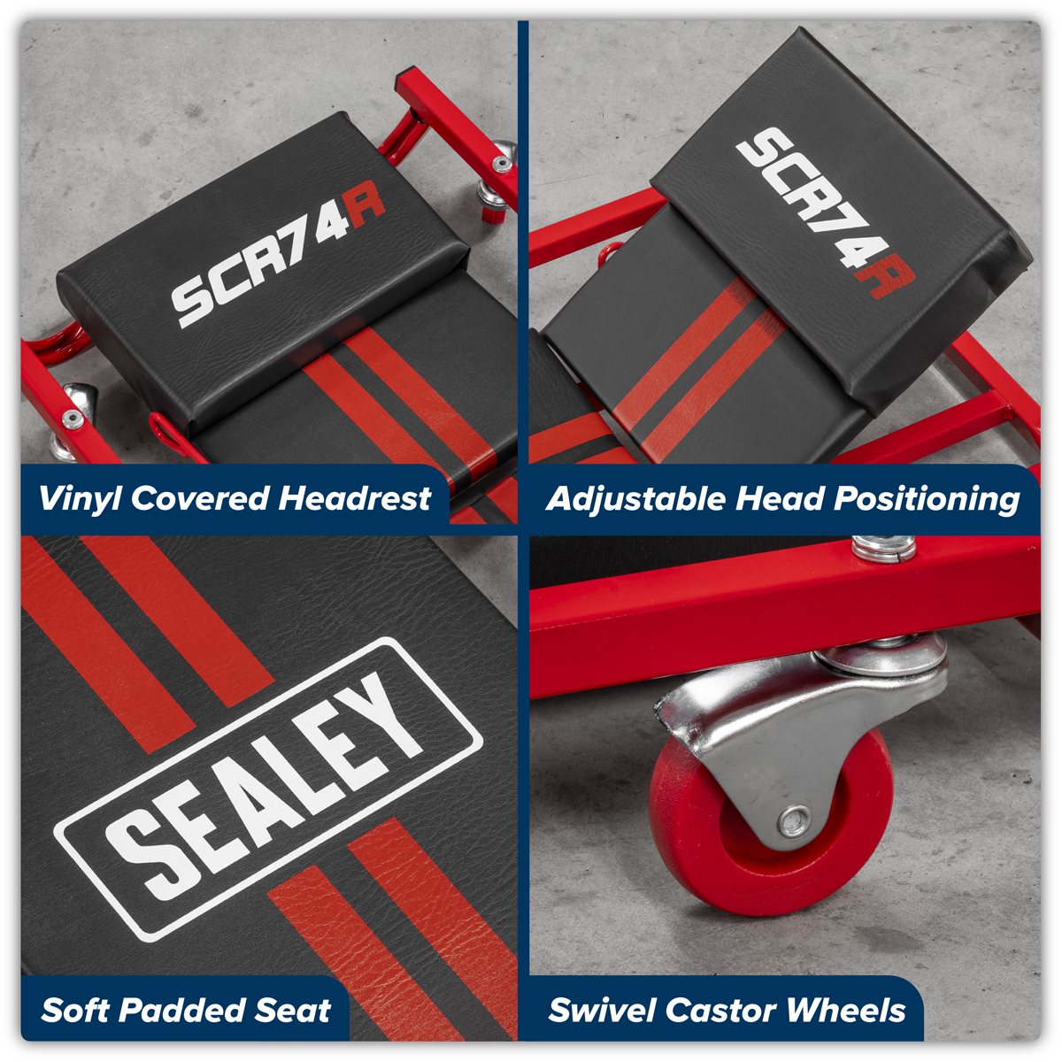 Sealey SCR74 American-Style Deluxe Creeper with Steel Frame, 6 Wheels & Adjustable Headrest 40"