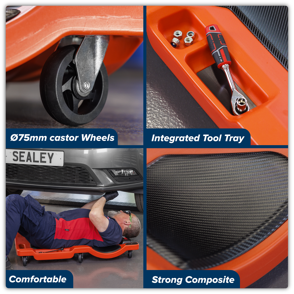 Sealey SCR80HD Composite Padded Creeper with 6 Wheels