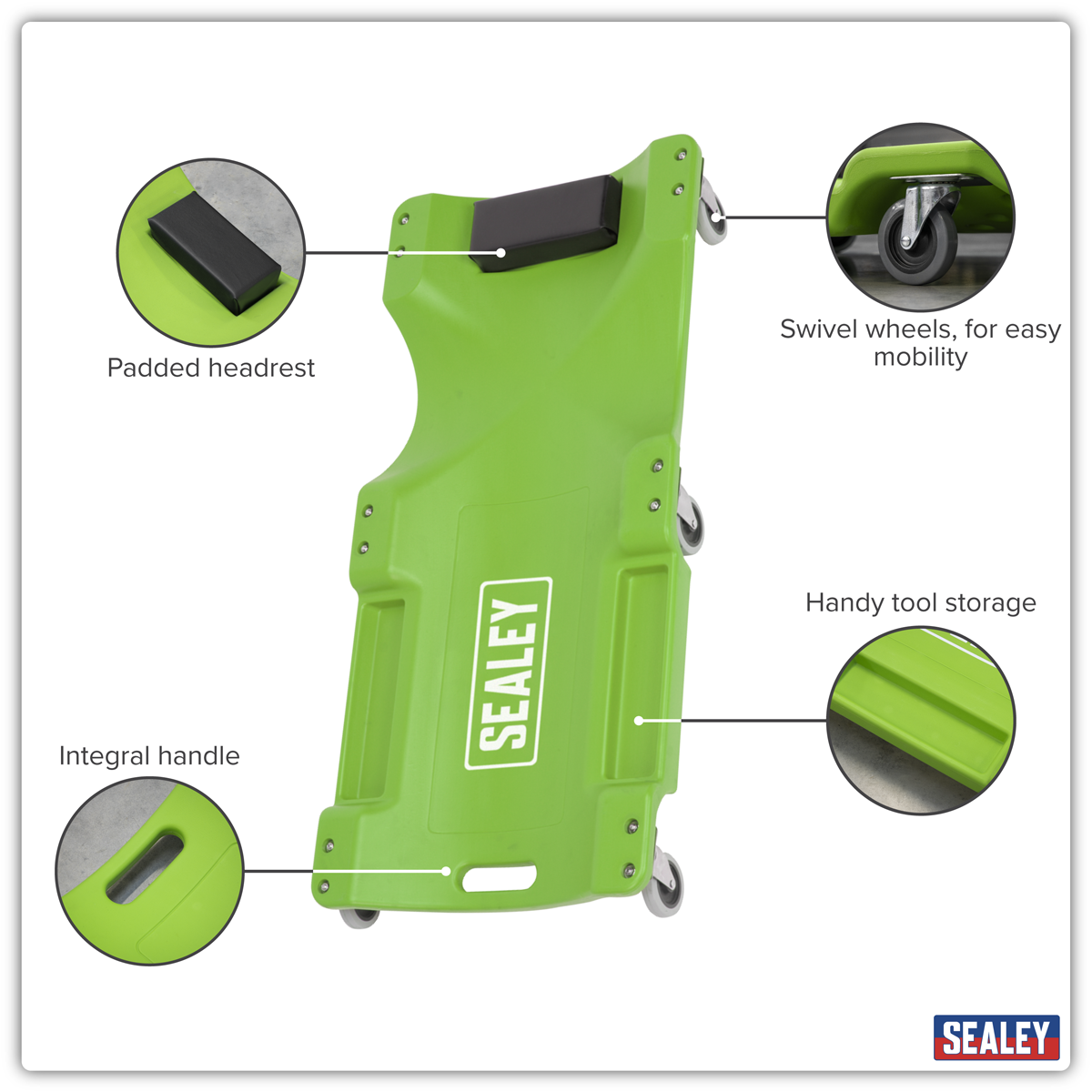 Sealey SCR80HV Composite Creeper with 6 Wheels - Hi-Vis Green