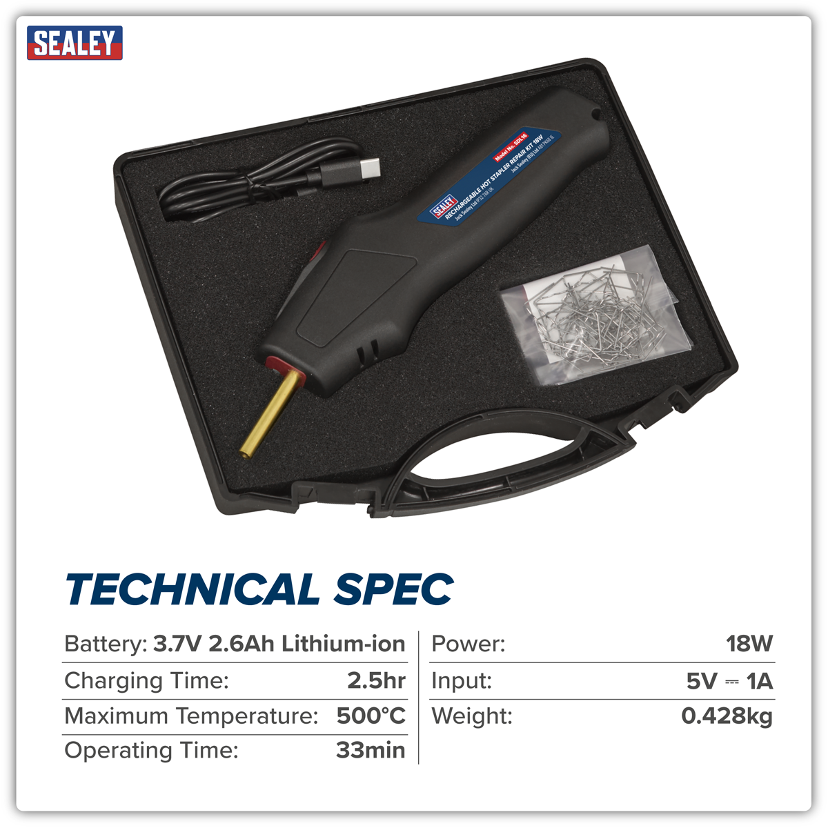 Sealey SDL16 Rechargeable Hot Stapler Repair Kit 18W