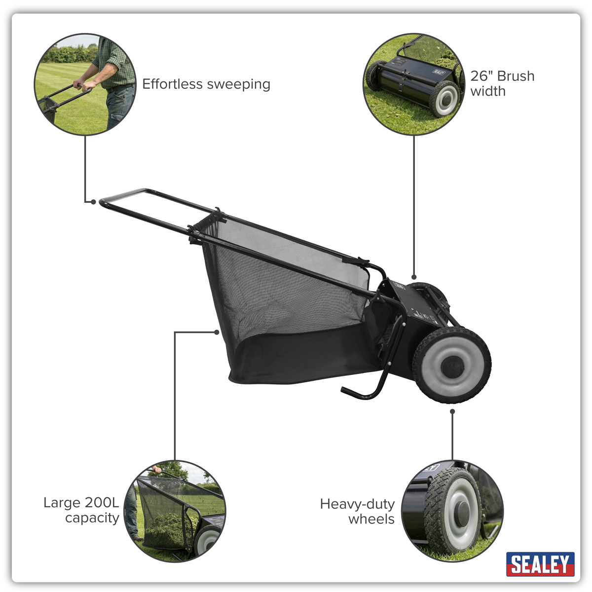 Sealey SLS26 26" Walk Behind Garden Sweeper 200L Capacity