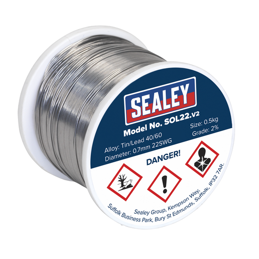 Sealey SOL22 Quick Flow Solder Wire 2% 0.7mm/22SWG 0.5kg Reel