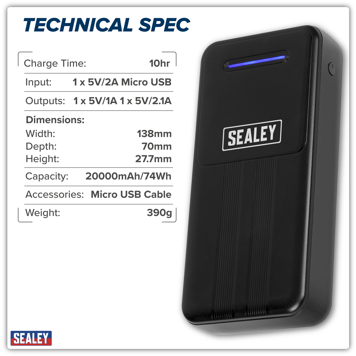 Sealey SPB102 Portable Power Bank 10W 20,000mAh