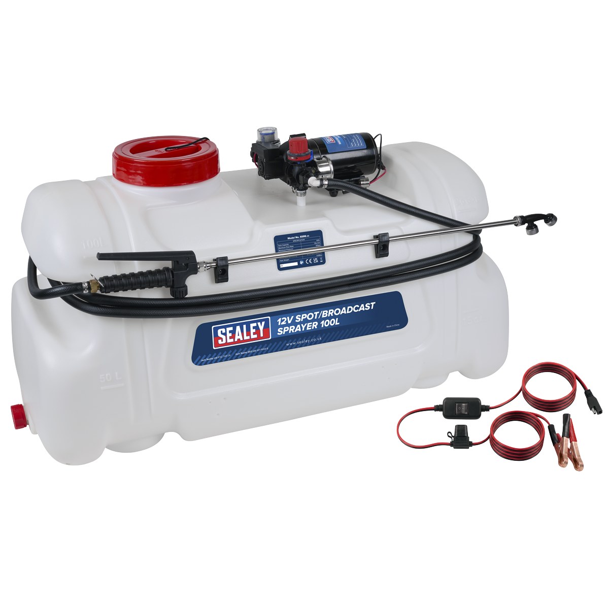 Sealey SS98 12V Spot/Broadcast Sprayer with Dual Lance & Chemical-Resistant Tank 100L
