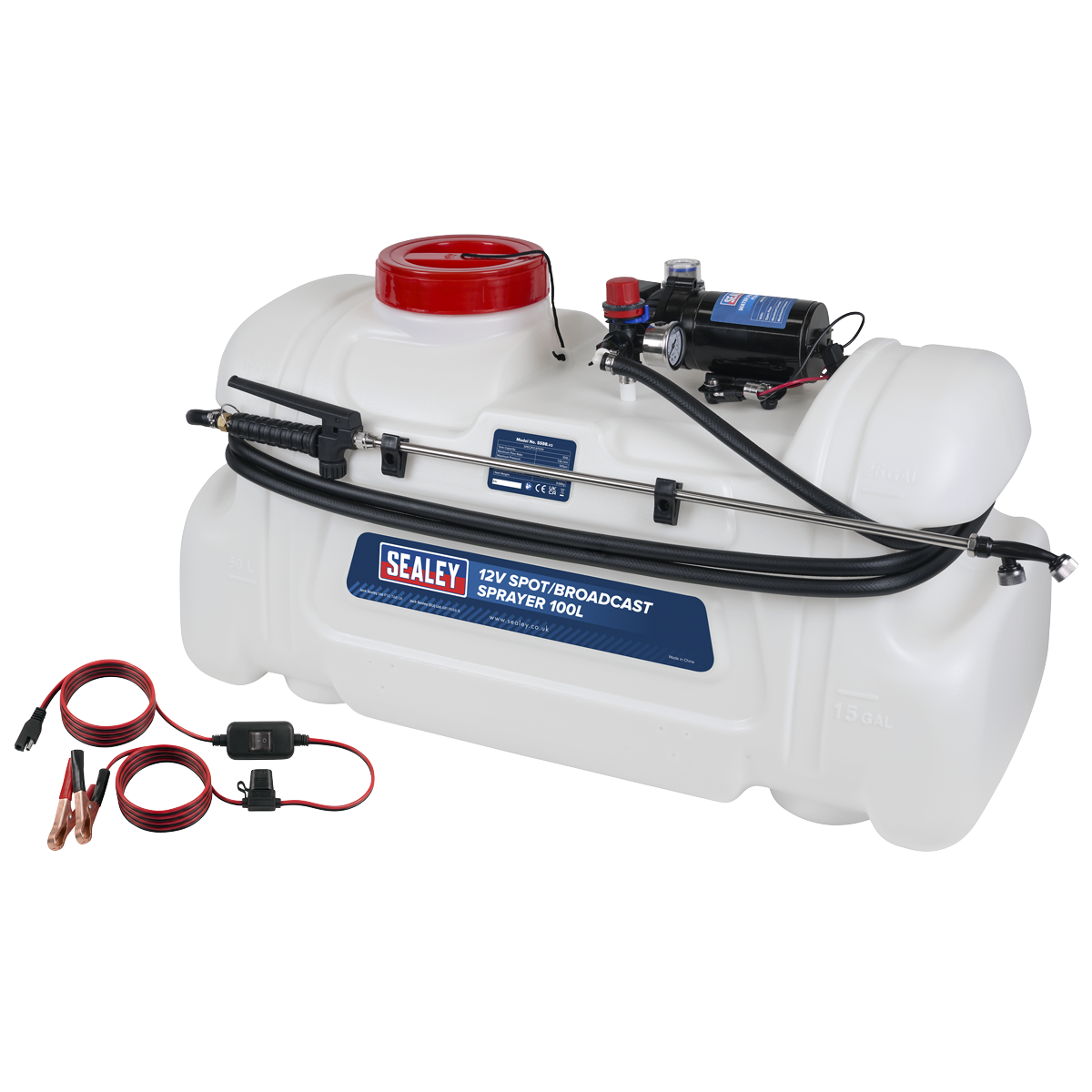 Sealey SS98 12V Spot/Broadcast Sprayer with Dual Lance & Chemical-Resistant Tank 100L
