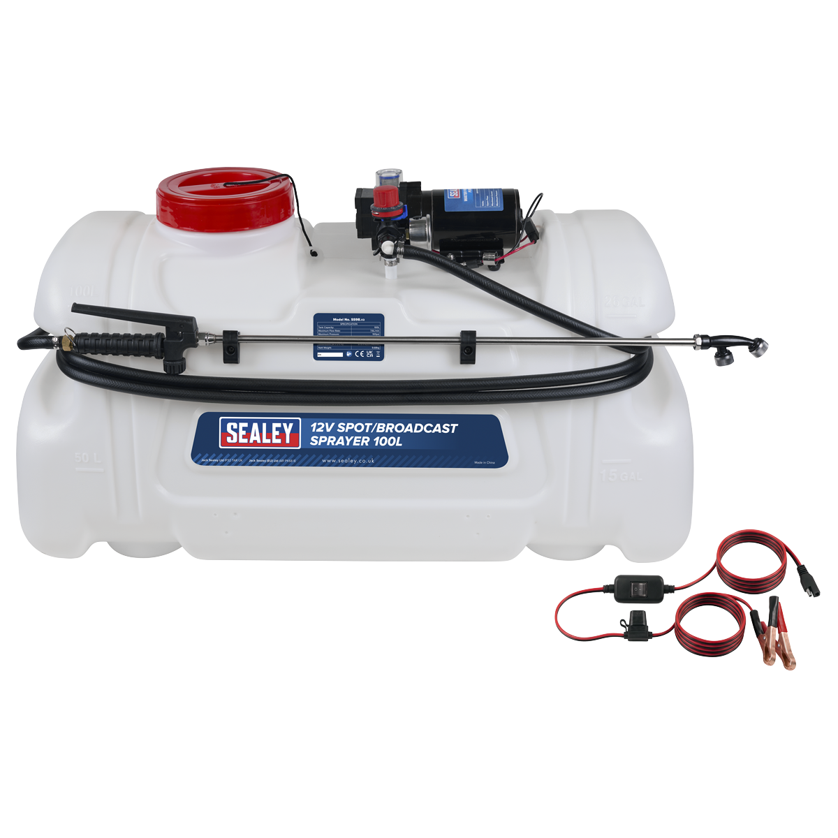 Sealey SS98 12V Spot/Broadcast Sprayer with Dual Lance & Chemical-Resistant Tank 100L