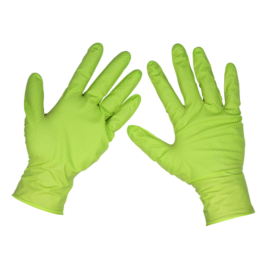 Sealey SSP54L Diamond Grip Extra-Thick Nitrile Powder-Free Gloves, Hi-Vis Green, Large - Pack of 50