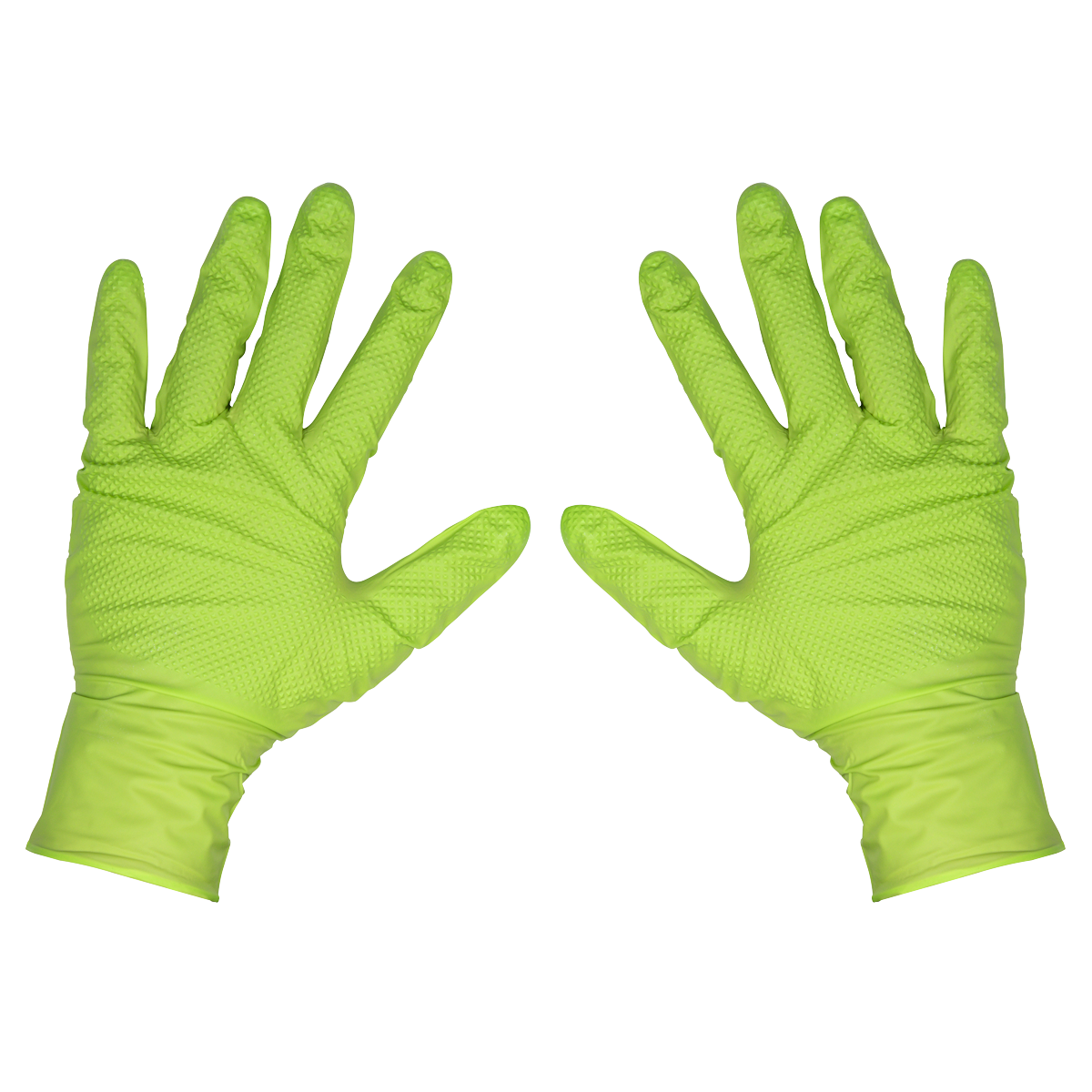 Sealey SSP54L Diamond Grip Extra-Thick Nitrile Powder-Free Gloves, Hi-Vis Green, Large - Pack of 50