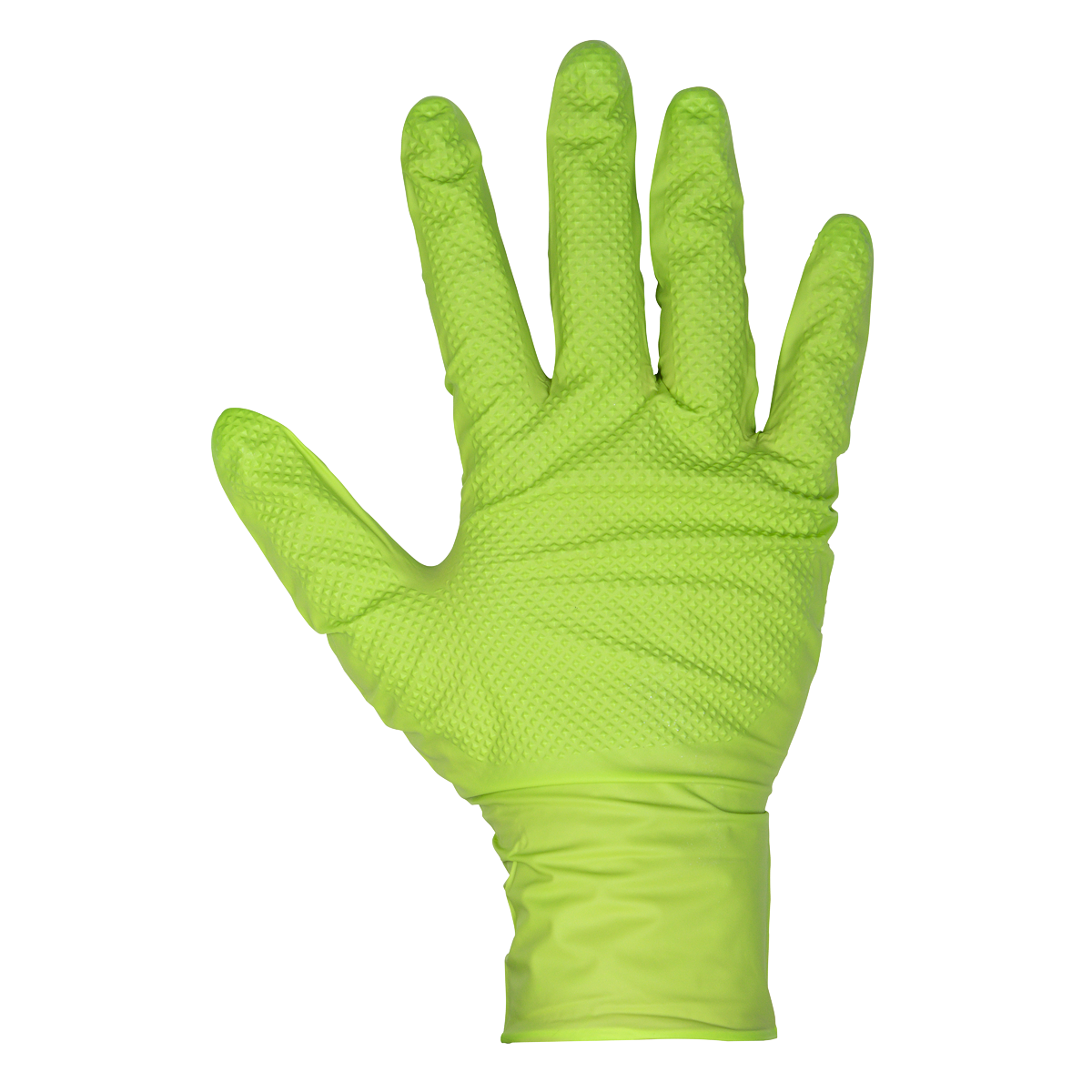 Sealey SSP54L Diamond Grip Extra-Thick Nitrile Powder-Free Gloves, Hi-Vis Green, Large - Pack of 50