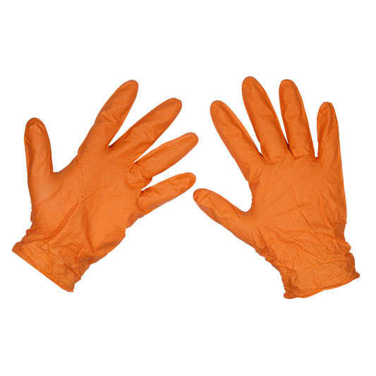Sealey SSP56L Diamond Grip Extra-Thick Nitrile Powder-Free Gloves, Orange, Large - Pack of 50