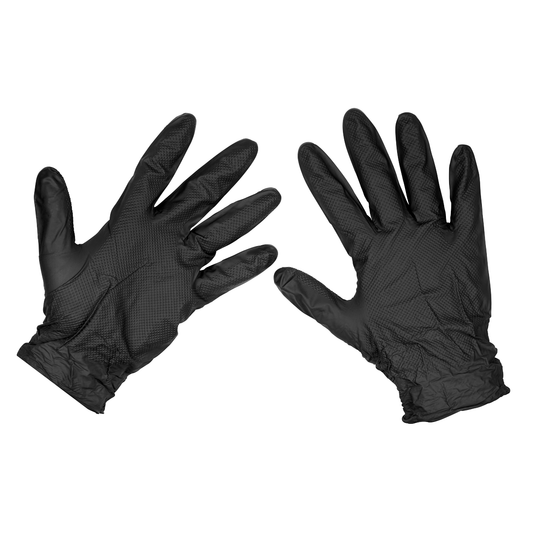 Sealey SSP57L Diamond Grip Extra-Thick Nitrile Powder-Free Gloves, Black, Large - Pack of 50