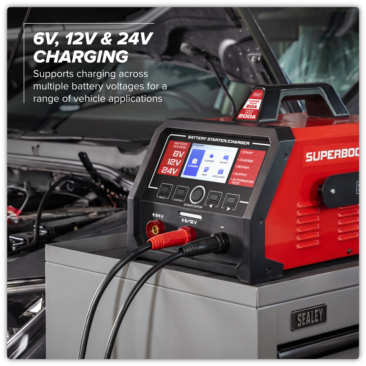 Sealey SUPERBOOST200E 6/12/24V Battery Starter/Charger 200A/230V
